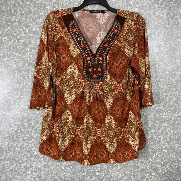 Notations Women's Plus Size Earth Tones Embroidered Boho Top - Size 1X - Peasant - Picture 1 of 7